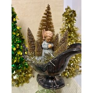 Vintage Christmas Decoration, Goebel Angel 1995 in Silverplate Gravy Boat, Trees